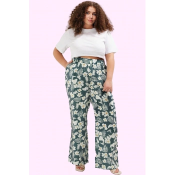 Kadın Büyük Beden Rahat Kesim Çiçekli Dokuma Pantolon Yüksek Bel Günlük Kullanım Hafta Sonu