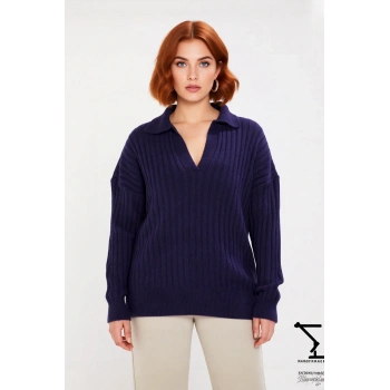 Kadın Büyük Beden Rahat Kesim Fitilli Polo Yaka Triko Kazak Kış Günleri İçin İdeal Seçim Kaliteli