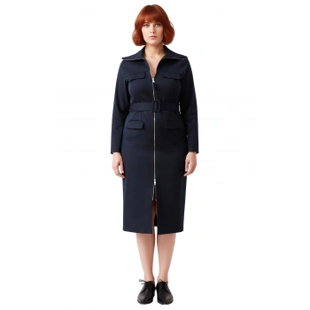 Kadın Büyük Beden Rahat Kesim Lacivert Gabardin Dokuma Gömlek Elbise Kuşaklı Uzun Kollu Stil