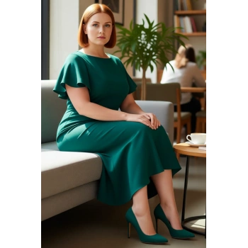 Kadın Büyük Beden Şık Midi Elbise Dokuma Kumaş Melek Kol Bodycon Kesim Özel Anlar İçin İdeal