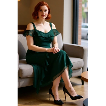 Kadın Büyük Beden Şık V Yaka Düşük Kol Detaylı Skater Maxi Elbise Yaz Akşamları Ve Özel Günler İçin