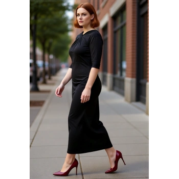 Kadın Büyük Beden Siyah Düz Desen Düğüm Detaylı Asimetrik Yaka Maxi Boy Örme Elbise Rahat Şık