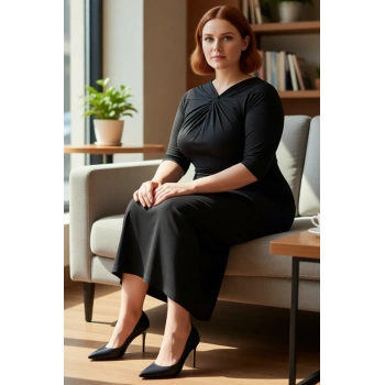 Kadın Büyük Beden Siyah Örme Maxi Elbise Düğüm Detaylı Asimetrik Yaka Konforlu Günlük Stil