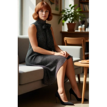 Kadın Büyük Beden Siyah Puantiyeli Fular Yaka Dokuma A Line Kolsuz Midi Elbise Şık Kaliteli