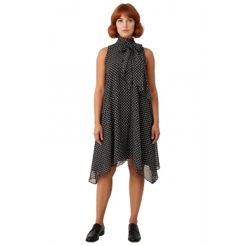 Kadın Büyük Beden Siyah Puantiyeli Fular Yaka Dokuma A Line Kolsuz Midi Elbise Şık Kaliteli