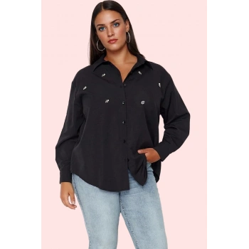 Kadın Büyük Beden Taş İşlemeli Poplin Gömlek Günlük Şıklık Hafta Sonu Yaz Aylarının Vazgeçilmezi