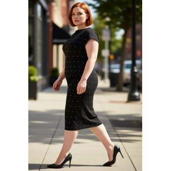 Kadın Büyük Beden Taş İşlemeli Şık Parti Mezuniyet Elbisesi Kayık Yaka Dokuma Diz Boyu Zarif Kesim