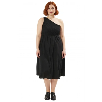 Kadın Büyük Beden Tek Omuz Asimetrik Yaka Crinkle Dokuma Midi Boy Yaz Şıklığı Elbisesi Kaliteli