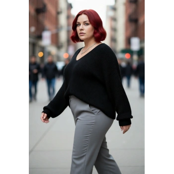 Kadın Büyük Beden V Yaka Kalın Triko Kazak Düz Akrilik Selanik Dokuma Kışlık Şık Seçim Kaliteli