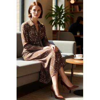 Kadın Büzgü Detaylı Baskılı Maxi Polo Yaka Örme Elbise A line Kesim Kışlık Konfor Şıklığı Kaliteli