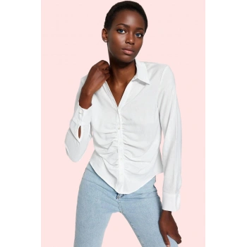 Kadın Büzgülü Fitted Dar Kesim Dokuma Gömlek Ramadan Koleksiyonu Yaz Aylarının Vazgeçilmezi