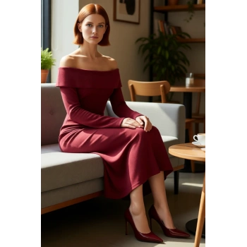 Kadın Carmen Yaka Bodycon Kalıp Midi Boy Örme Elbise Soğuk Havalarda Zarafetle Buluşun Kaliteli