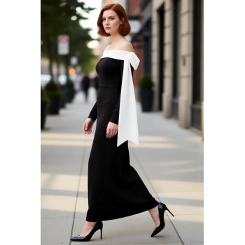 Kadın Carmen Yaka Bodycon Maxi Elbise Scuba Krep Kumaş Uzun Kollu Fiyonk Detaylı Gece Şıklığı