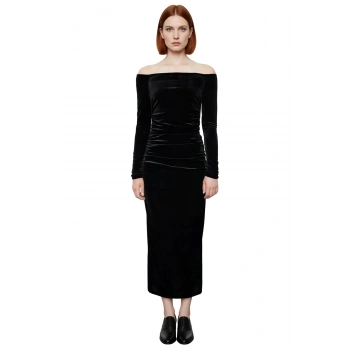 Kadın Carmen Yaka Bodycon Siyah Kadife Midi Elbise Uzun Kollu Şık Davetler İçin Zarafet Sunar