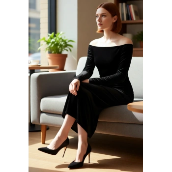 Kadın Carmen Yaka Bodycon Siyah Kadife Midi Elbise Uzun Kollu Şık Davetler İçin Zarafet Sunar