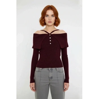 Kadın Carmen Yaka Fitilli Fitted Triko Kazak Modern Şıklık Sunan Uzun Kollu Gündüz Gece Giyimi