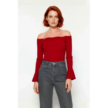 Kadın Carmen Yaka Fitted Akrilik Triko Bluz Uzun Reglan Kollu Fitilli Dokuma İlkbahar Sonbahar