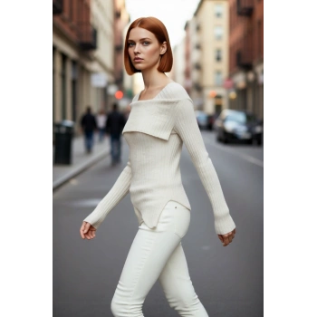 Kadın Carmen Yaka Fitted Kesim Asimetrik Etek Uzun Kollu Fitilli Triko Kazak Zarafeti Kaliteli