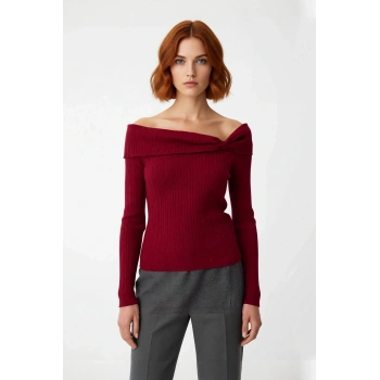 Kadın Carmen Yaka Fitted Kesim Uzun Kollu Fitilli Triko Kazak İlkbahar Sonbahar Şıklığı İçin İdeal