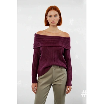 Kadın Carmen Yaka Regular Kalıp Uzun Kollu Fitilli Triko Kazak Gündüz Ve Gece Şıklığı Sunar