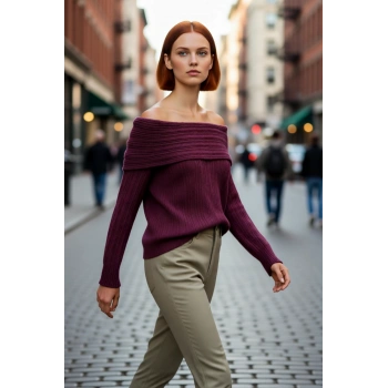 Kadın Carmen Yaka Triko Kazak Orta Kalınlıkta Regular Kalıbı İle Kış Gündüz Gece Rahatlığı