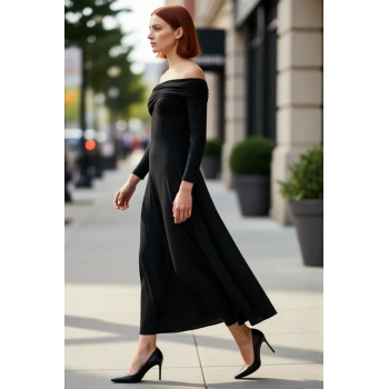 Kadın Carmen Yaka Uzun Kol A Line Örme Sandy Kumaş Maxi Abiye Elbise Büzgü Detaylı Zarif Gece.