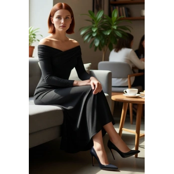 Kadın Carmen Yaka Uzun Kol A Line Siluet Polyester Karışımlı Maxi Abiye Elbise Özel Davetler İçin.