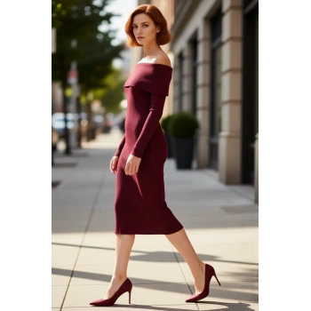 Kadın Carmen Yaka Uzun Kollu Midi Boy Düz Shift Kalıp Triko Elbise İlkbahar Sonbahar Şıklığı