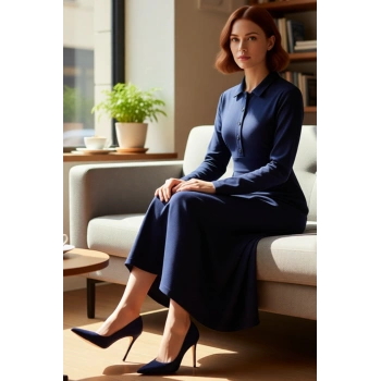 Kadın Casual A Line Maxi Elbise Polo Yaka Uzun Kollu Düz Örme Krep Kumaş ile Şıklık Sunar Kaliteli