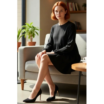 Kadın Casual A Line Uzun Balon Kol Bürümcük Dokulu Örme Bisiklet Yaka Mini Elbise Sonbahar Kış Stili