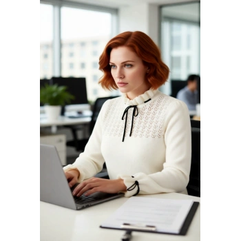 Kadın Casual Akrilik Triko Kazak Ajurlu Desen Dik Yaka Kurdele Detaylı Düşük Kol Kışlık Model