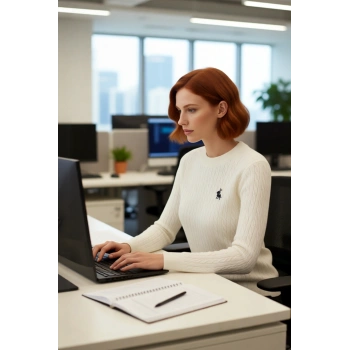 Kadın Casual Bisiklet Yaka Saç Örgü Desenli Uzun Kollu Akrilik Triko Kazak At Nakışlı Kaliteli