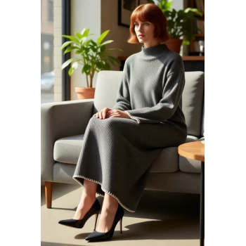 Kadın Casual Dik Yaka Düşük Kollu Maxi Boy Triko Elbise Rahat Shift Kalıp Kış Kombinleri İçin