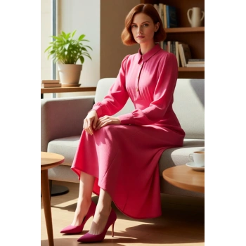 Kadın Casual Gömlek Yaka Uzun Kollu Aerobin Dokuma Skater Kalıp Maxi Boy Elbise Kaliteli Şık