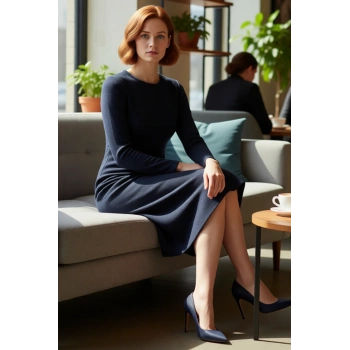 Kadın Casual Günlük Bisiklet Yaka Uzun Kollu Anvelop Midi Boy Selanik Dokuma Astarsız Elbise