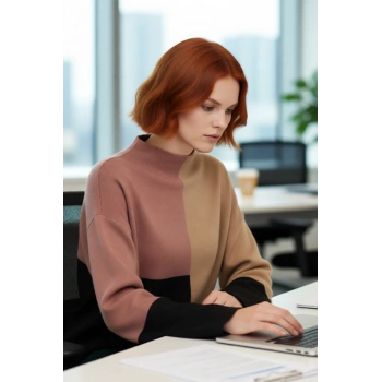 Kadın Casual Ortamlar İçin Dik Yaka Renk Bloklu Standart Kol Triko Kazak Kış Şıklığı Kaliteli