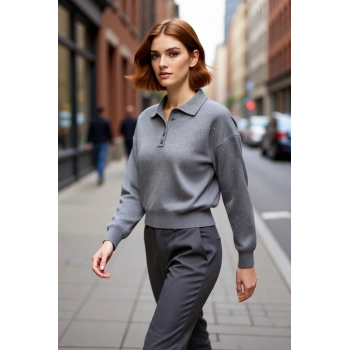 Kadın Casual Rahat Düşük Kollu Polo Yaka Triko Kazak Kış Mevsiminde Şık ve Konforlu Seçim Kaliteli