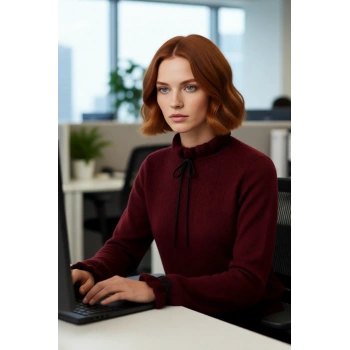 Kadın Casual Regular Kalıp Ajurlu Dik Yaka Bağcıklı Standart Kollu Triko Kazak Soğuk Havalar İçin