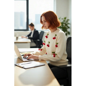 Kadın Casual Regular Kalıp Bisiklet Yaka Akrilik Uzun Kollu Nakışlı İşlemeli Triko Kazak Kaliteli