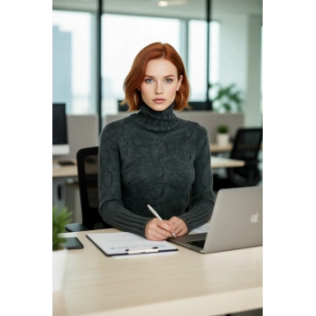 Kadın Casual Regular Kalıp Dik Yaka Saç Örgü Uzun Kollu Süper Crop Triko Kazak Modeli Kaliteli