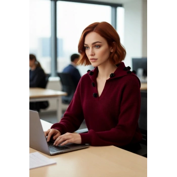 Kadın Casual Regular Kalıp Düşük Kol Akrilik Triko Devrik Yaka Gül Detaylı Şık Kışlık Kazak