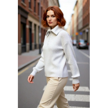 Kadın Casual Regular Kalıp Selanik Dokuma Uzun Kollu Triko Kazak Fermuarlı Dik Yaka Soğuk Havalar