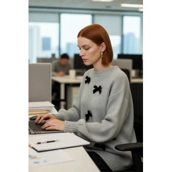 Kadın Casual Relaxed Fit Triko Düşük Kol Fiyonklu Uzun Kollu Bisiklet Yaka Kış Kazak Kaliteli