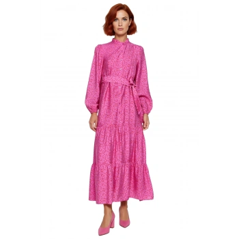 Kadın Casual Şık Shift Kalıp Çiçekli Dokuma Kumaş Astarlı Kuşaklı Maxi Boy Elbise Kaliteli