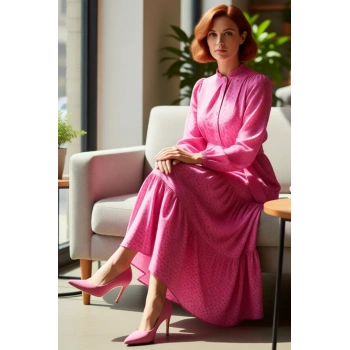 Kadın Casual Şık Shift Kalıp Çiçekli Dokuma Kumaş Astarlı Kuşaklı Maxi Boy Elbise Kaliteli