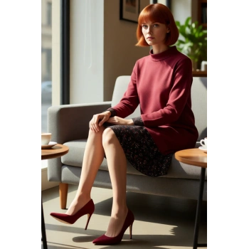 Kadın Casual Stil Selanik Örme Mini Elbise Dik Yaka Uzun Kollu Çiçek Desen Detaylı Konforlu