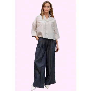 Kadın Chambre Dokuma Geniş Paça Pantolon Yüksek Bel Yaz Günlük Hafta Sonu Kaliteli Malzeme