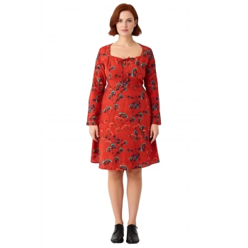 Kadın Çiçek Desenli Kalp Yaka Uzun Kol A Line Kesim Kısa Elbise Büyük Beden İlkbahar Sonbahar