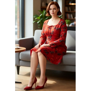 Kadın Çiçek Desenli Kalp Yaka Uzun Kol A Line Kesim Kısa Elbise Büyük Beden İlkbahar Sonbahar