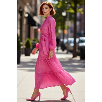 Kadın Çiçek Desenli Kuşak Detaylı Gömlek Yaka Uzun Kollu Astarlı Maxi Boy Dokuma Elbise Kaliteli